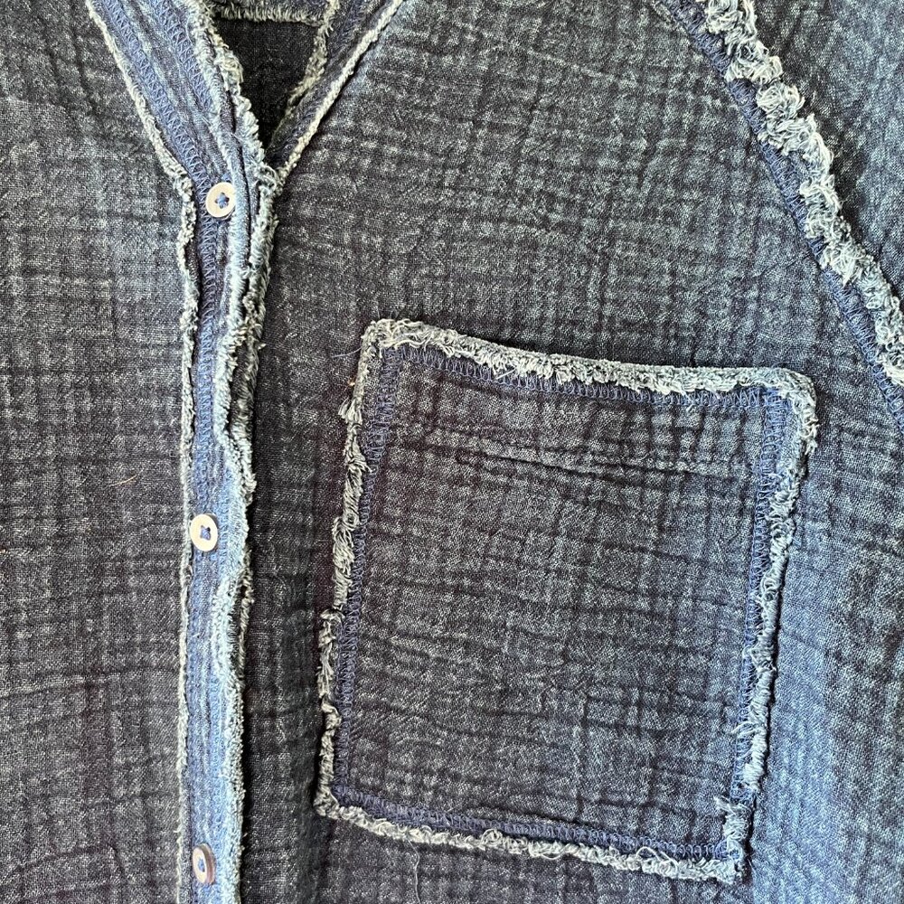 Aerie Sz M Oversized Indigo Blue Gauze Cover Up Button Down Shirt Dress Pocket - Picture 8 of 14